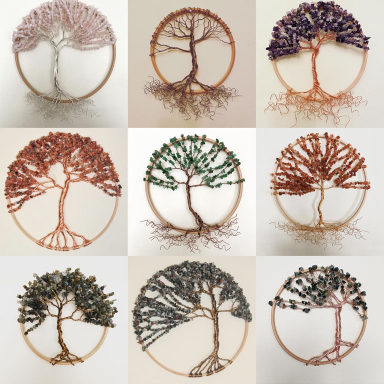 Circular Framed Tree of Life wire and gemstone sculptures 768x768